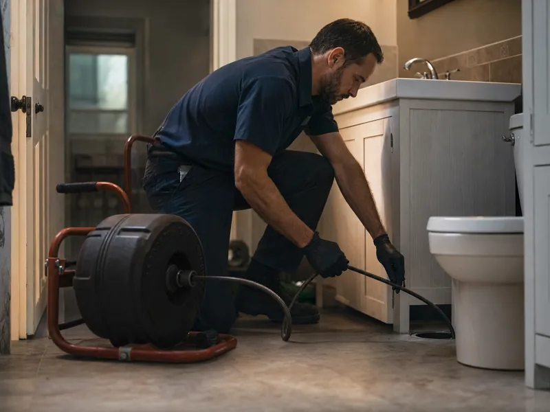 Drain auger clearing a clogged line